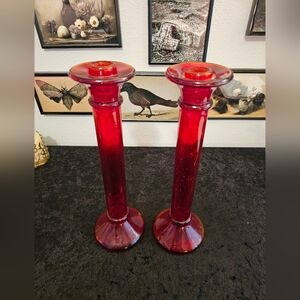 Set Of 2 Italian Scala Amberina Candlesticks